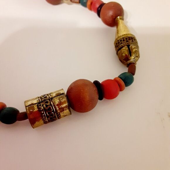 📿VINTAGE 70'S WOODEN BRASS BOHO HIPPIE STYLE NECKLACE 📿 - Picture 7 of 11